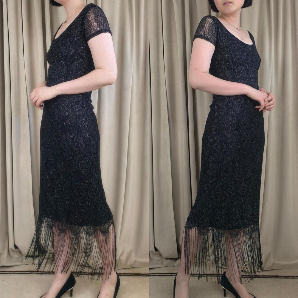 Vintage Onyx Nite Black Silver Metallic Lace Dress with Fringe Hem - Picture 4 of 8